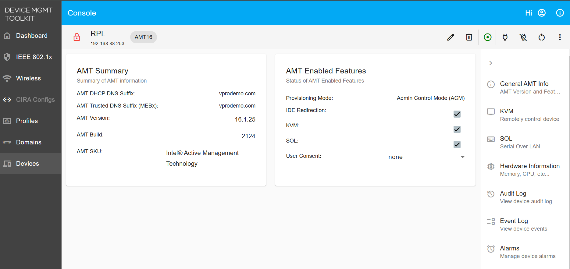 Figure 2: Device Page and Options